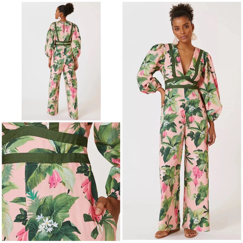 FARM Rio Pink Tropical Floral Wide-Leg Jumpsuit with Green Trim